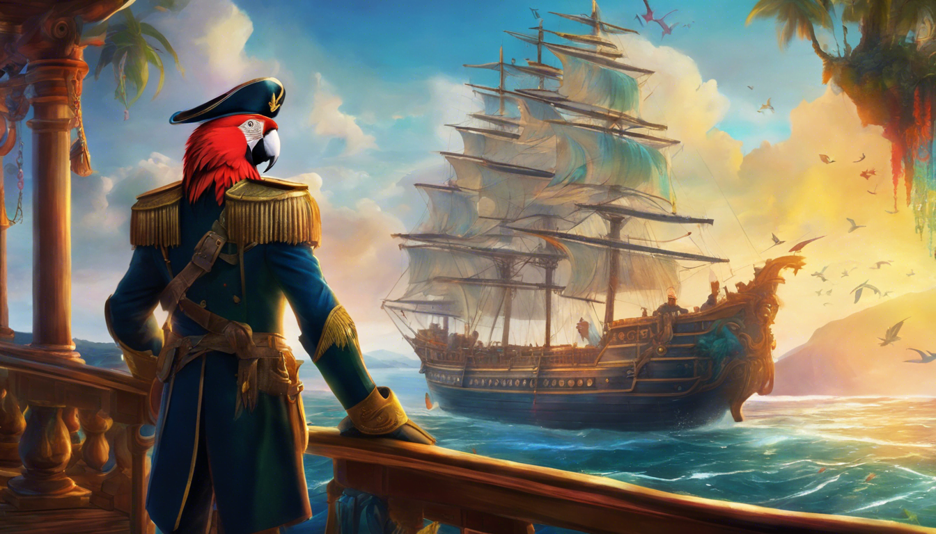 A pirate parrot in a naval uniform gazes at a majestic sailing ship on a vibrant ocean at sunset.