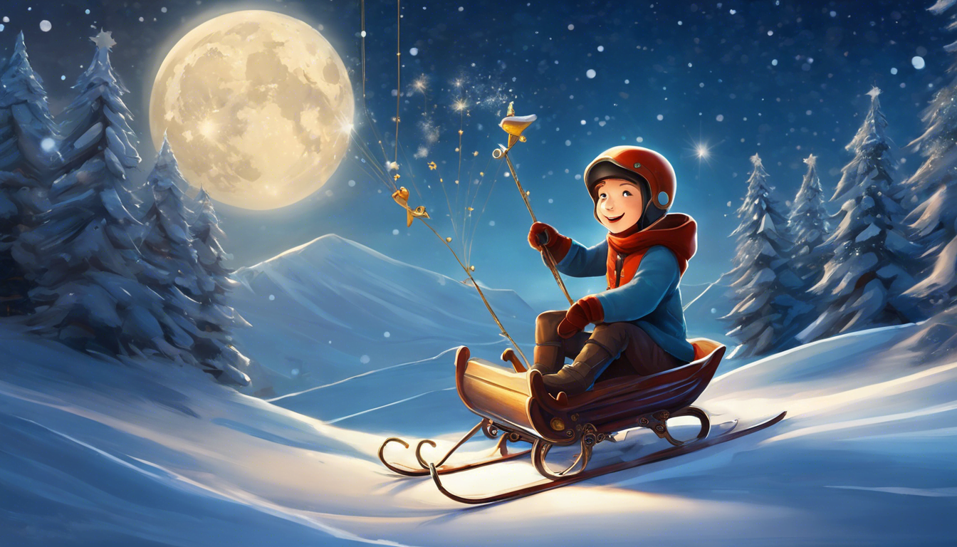 A joyful child on a sled, enjoying a snowy landscape under a full moon, surrounded by pine trees and twinkling stars.