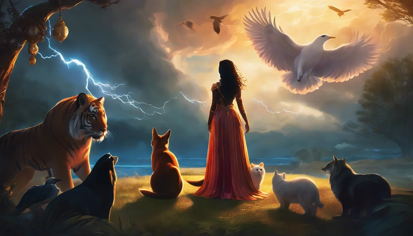 A woman in a flowing red dress stands with various animals, including a tiger, fox, and birds, against a dramatic sky filled with lightning and clouds.