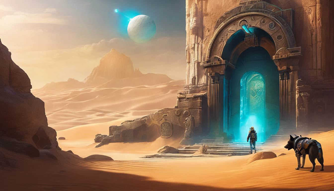 A lone figure and a dog stand before a large, glowing doorway in a desert landscape, with distant mountains and planets visible in the sky.