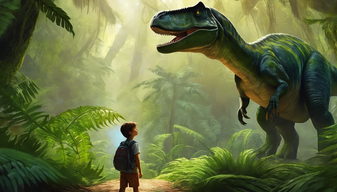 A young boy gazes in awe at a friendly dinosaur in a lush, vibrant jungle setting.