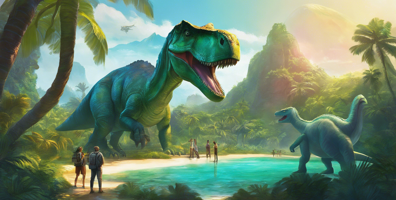 A vibrant illustration of colorful dinosaurs in a tropical landscape, with a large T-Rex near a pool and smaller dinosaurs in the foreground, while people observe from a distance.