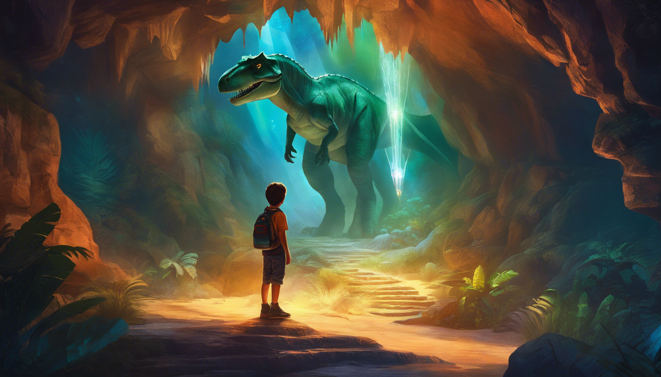 A child in a cave stands in awe before a giant dinosaur, illuminated by ethereal blue light, surrounded by lush greenery.