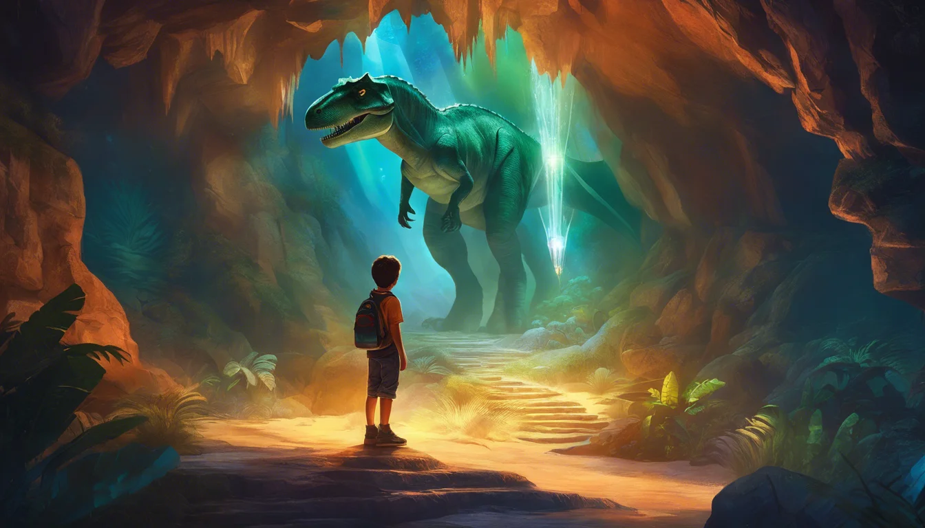 A child in a cave stands in awe before a giant dinosaur, illuminated by ethereal blue light, surrounded by lush greenery.