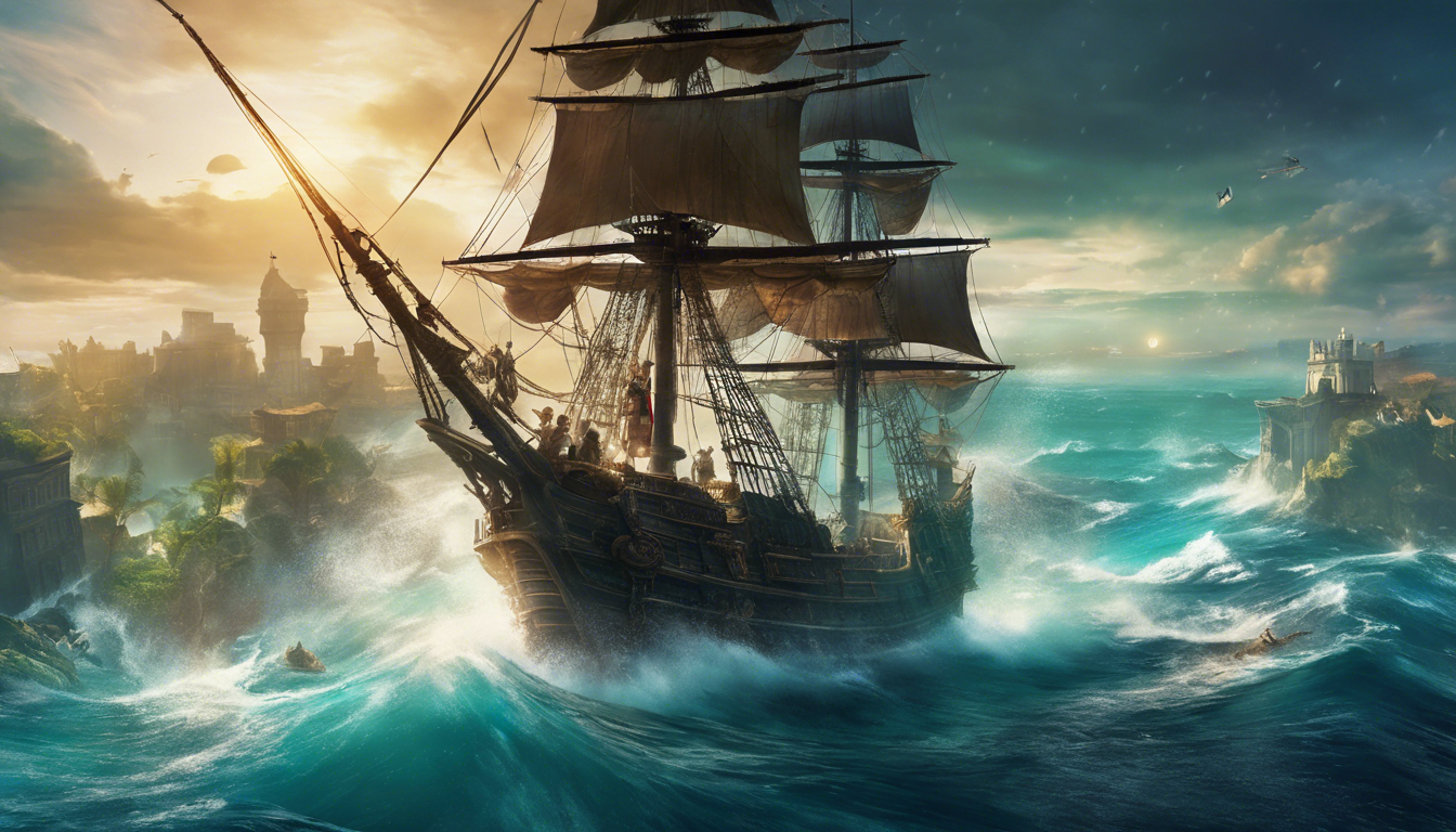 A majestic ship sails through turbulent waves under a colorful sky, with a distant coastal city in the background.