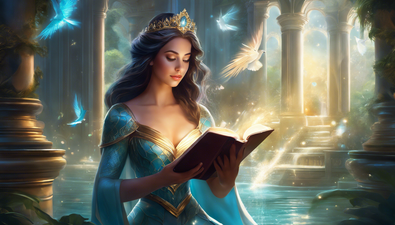 A regal woman in a flowing blue gown reads a book, surrounded by glowing butterflies and ancient ruins bathed in soft light.