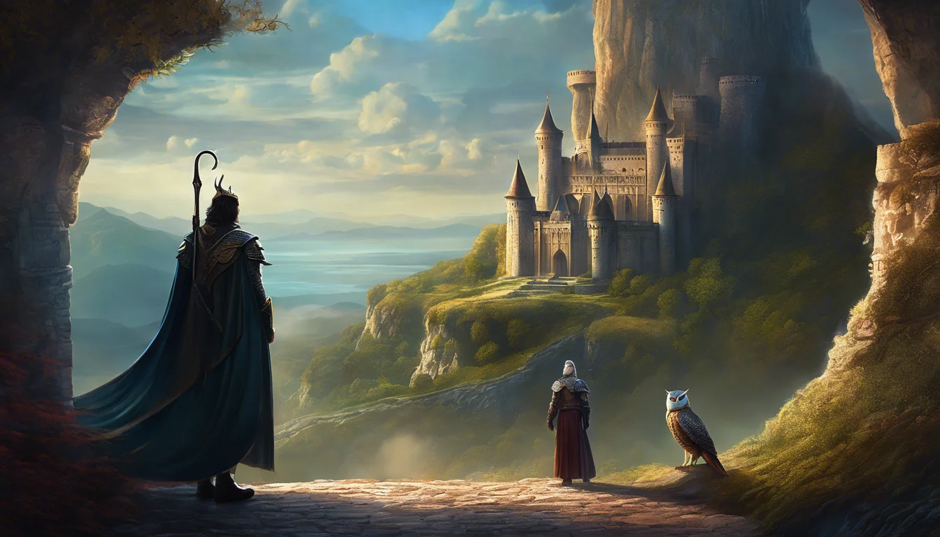 A cloaked figure with a staff stands at the entrance of a cave, overlooking a majestic castle set against a dramatic sky, accompanied by a small figure and an owl.