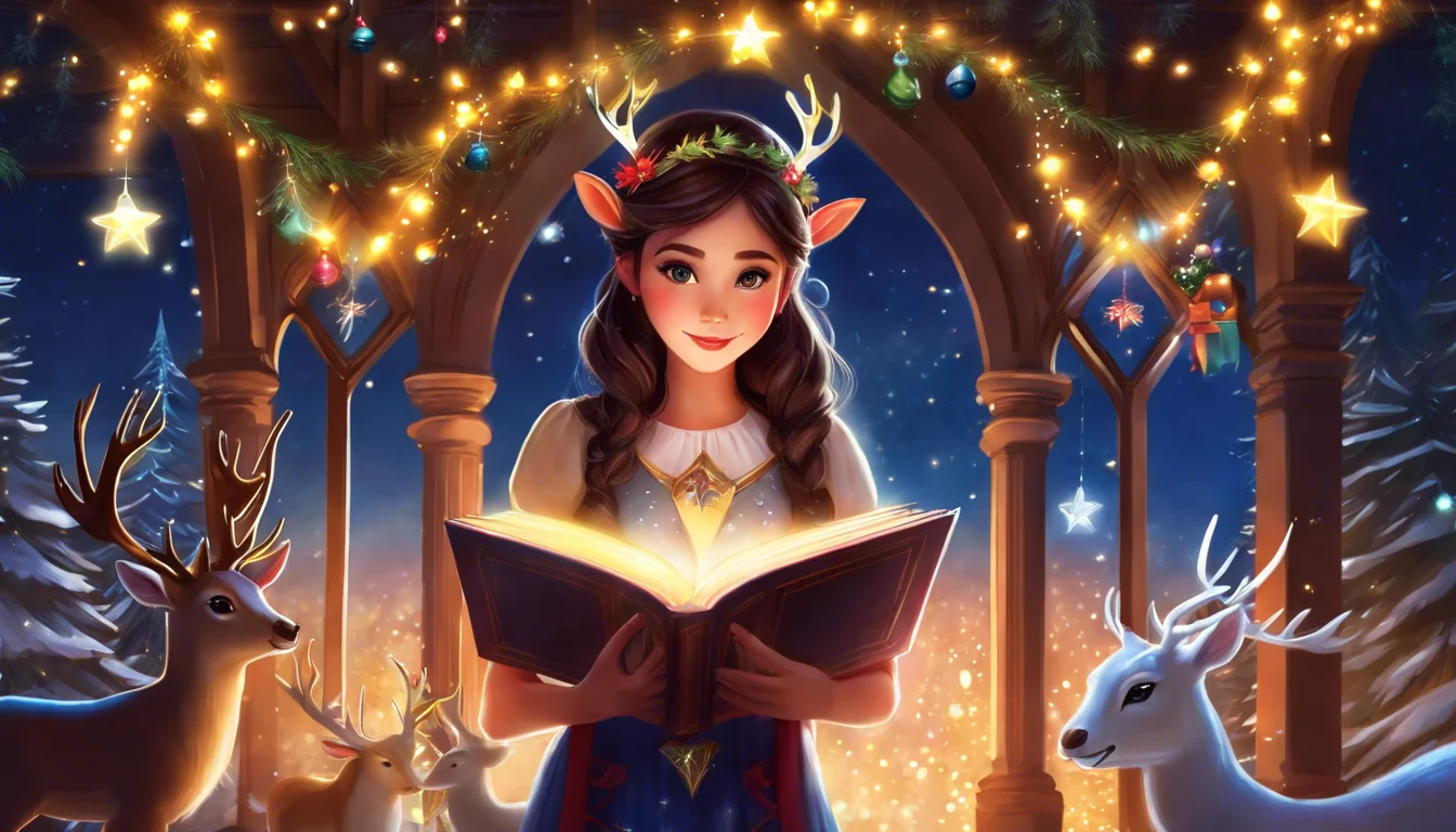 A young woman with antler-like decorations in her hair stands under a festive archway, holding an open book, surrounded by deer and twinkling lights in a wintry scene.