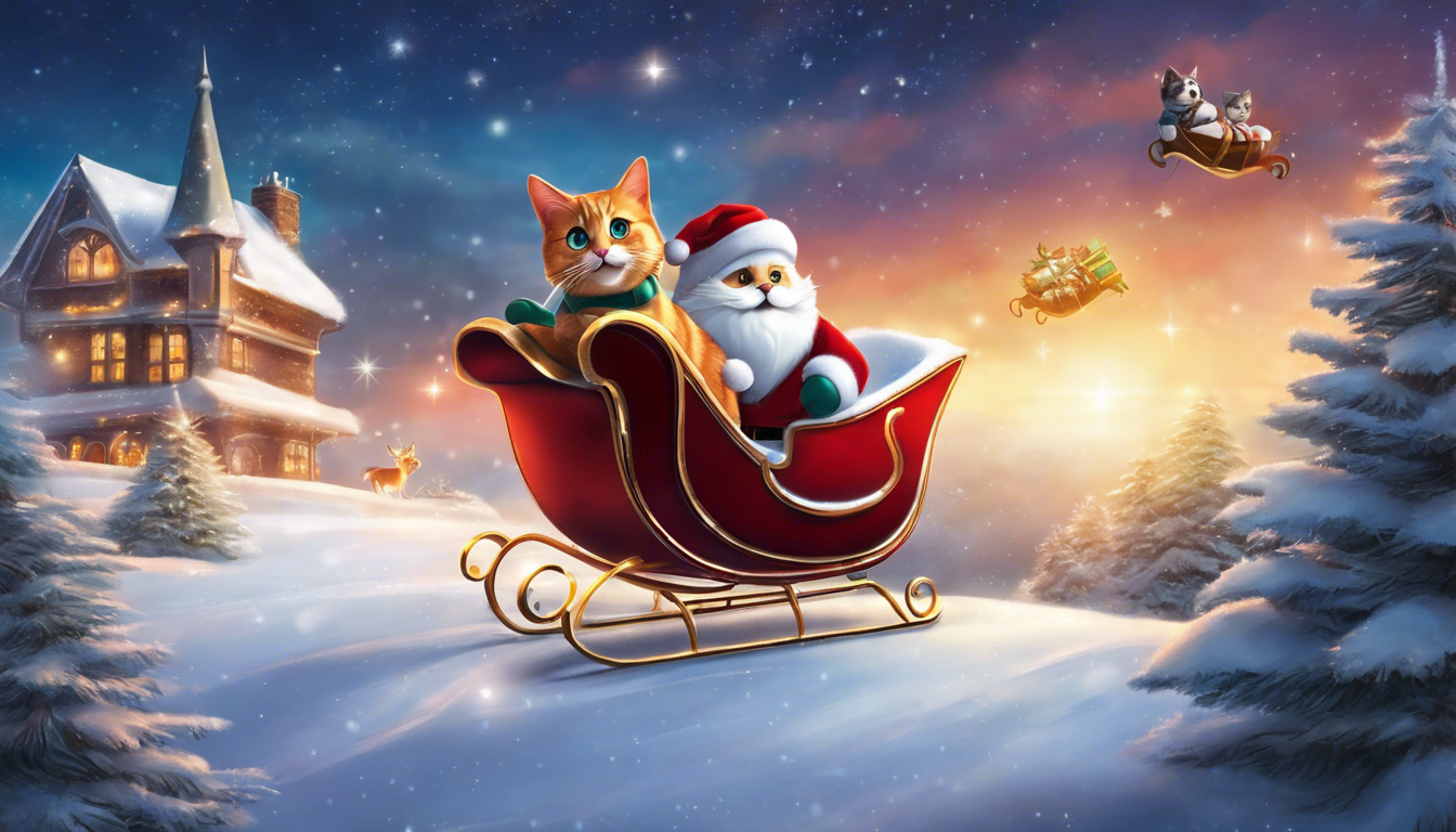 A cheerful Santa Claus and a playful orange cat sit in a red sleigh, gliding through a snowy landscape with a quaint house in the background and festive decorations in the sky.