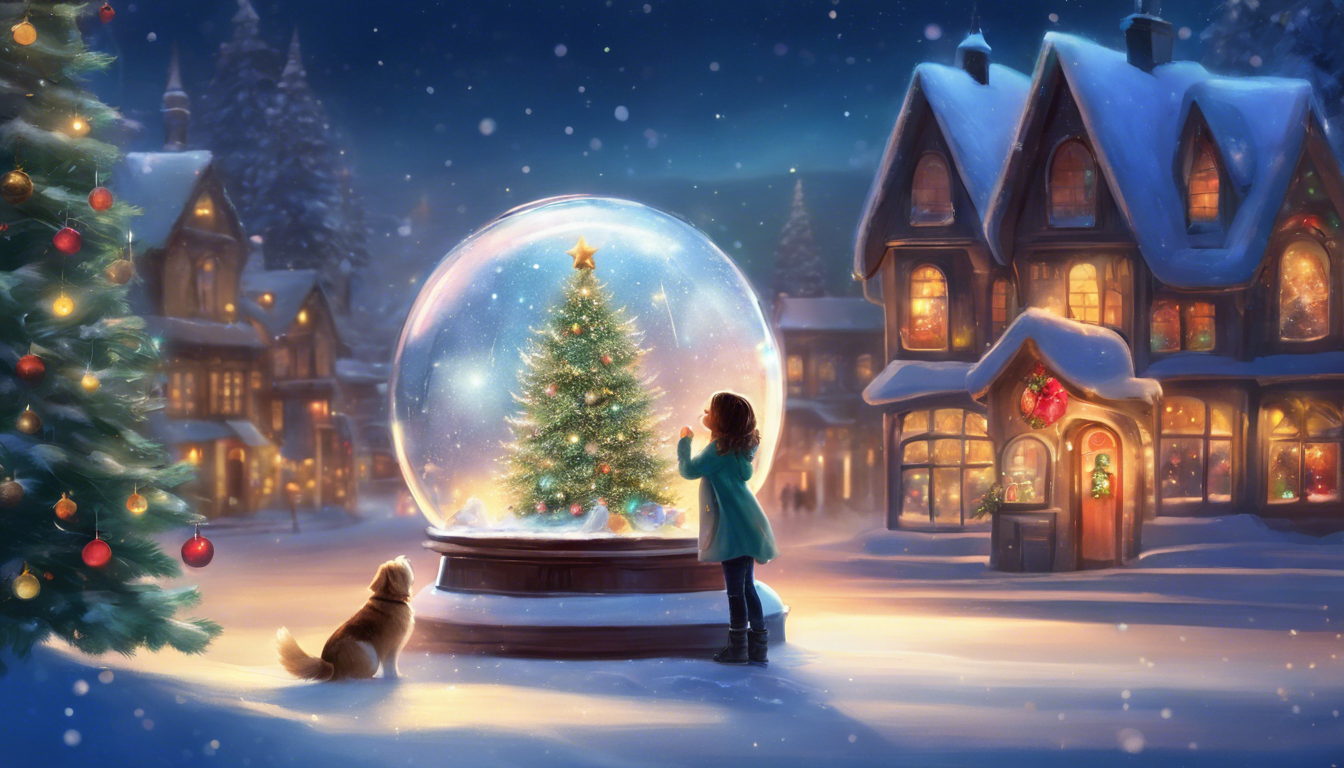 A girl in a teal coat gazes at a snow globe with a Christmas tree inside, while a golden retriever sits beside her in a snowy village setting.