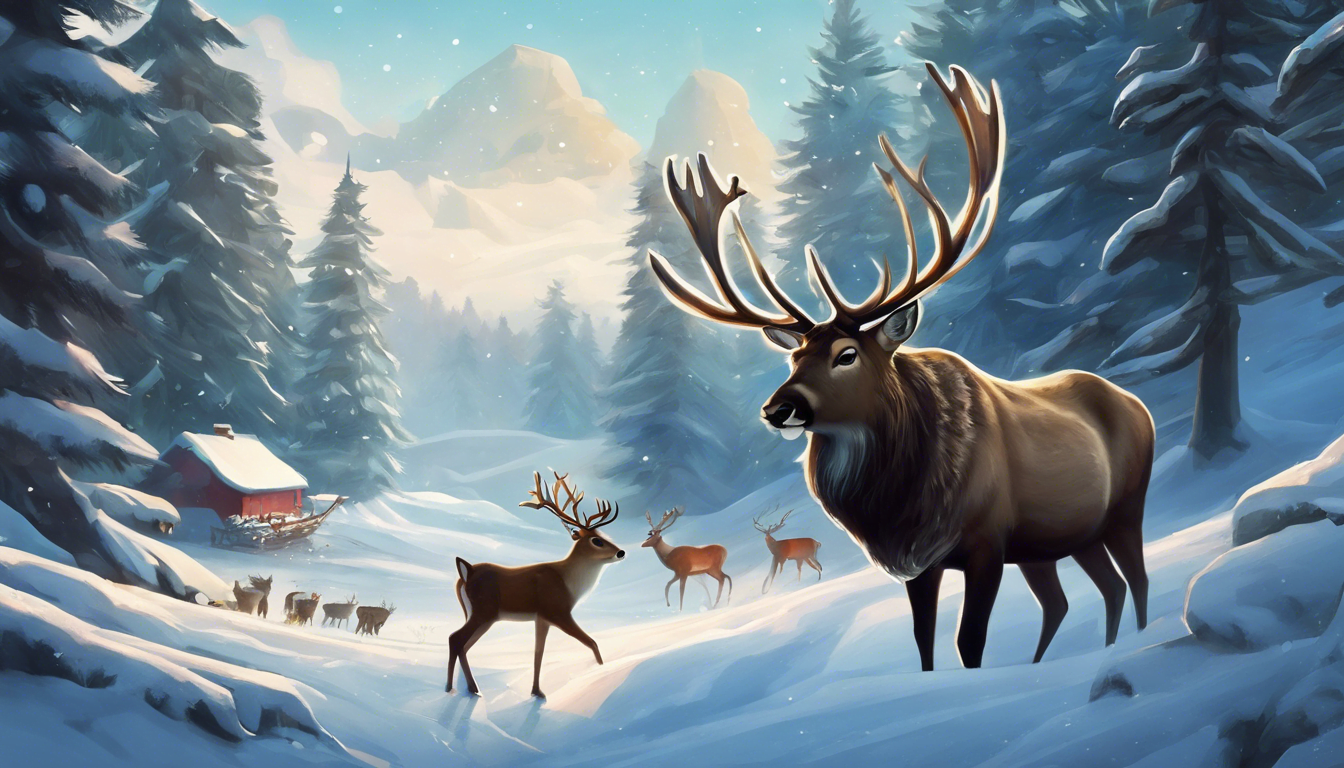 A serene winter landscape featuring a herd of deer in a snowy forest, with snow-capped mountains and a quaint cabin in the background.