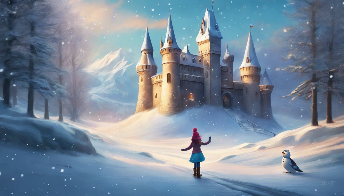 A girl in a blue dress stands in a snowy landscape, gazing at a majestic castle with spires, accompanied by a small penguin. Snowflakes gently fall from the sky.