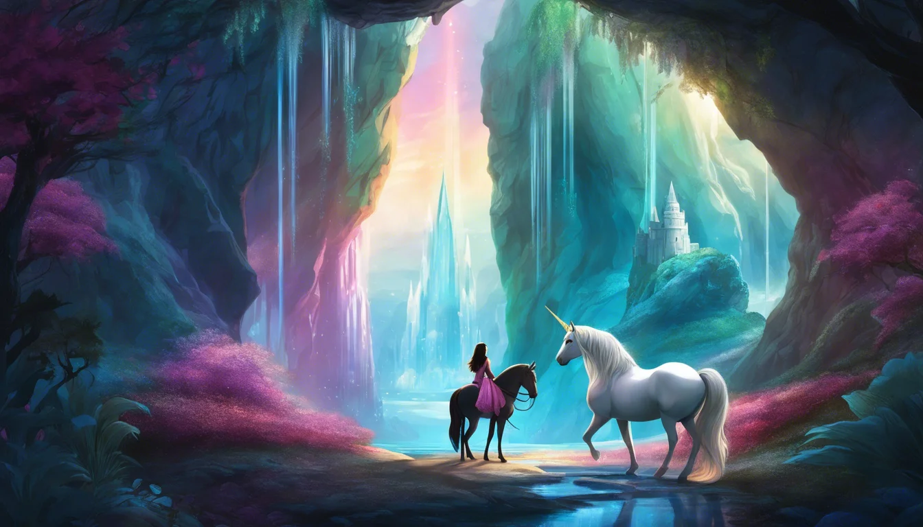 A mystical scene featuring a silhouette of a person with a horse and a white unicorn in a vibrant, enchanted forest with glowing waterfalls and colorful foliage.