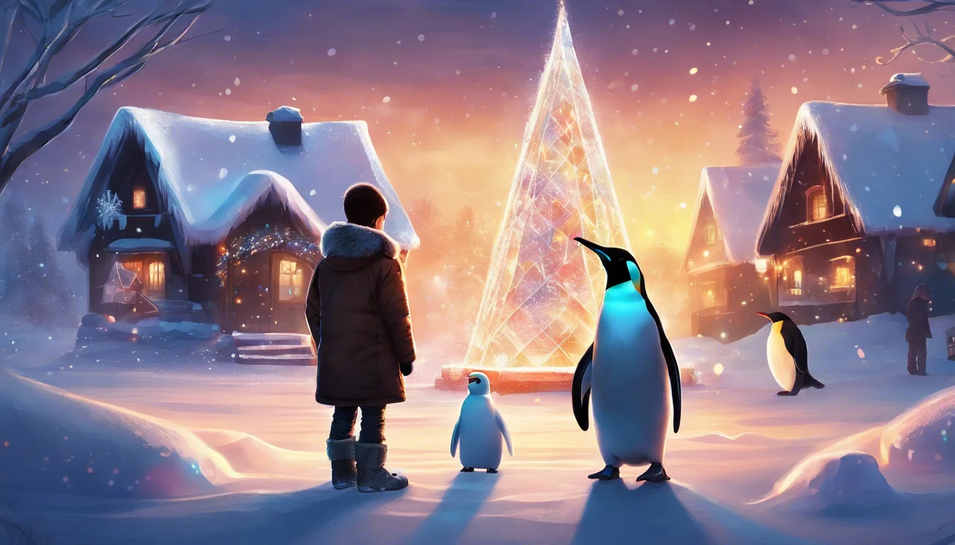 A child in a snowy landscape stands beside two penguins, gazing at a brightly lit, ice-like Christmas tree with cozy cabin houses in the backdrop.
