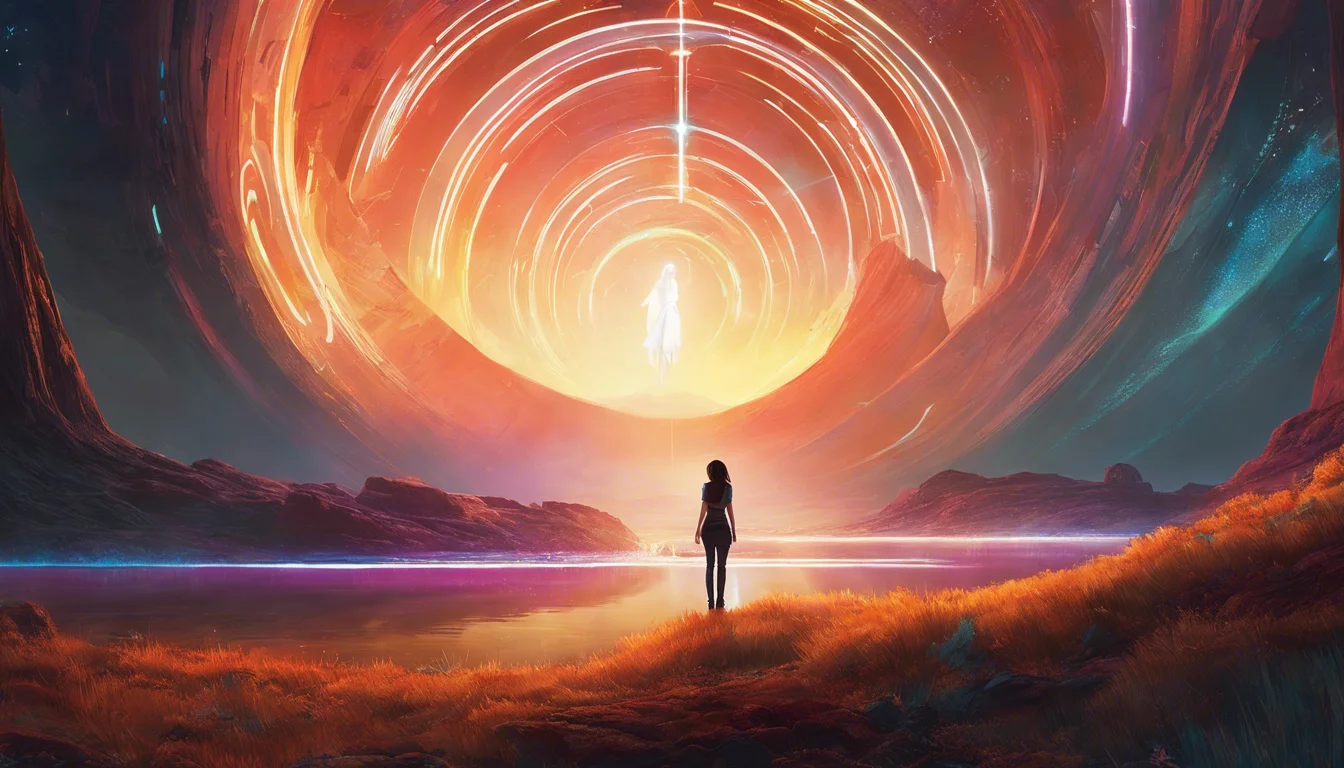 A lone figure stands before a vibrant sunset, surrounded by swirling cosmic patterns and radiant colors, reflecting on a tranquil body of water.