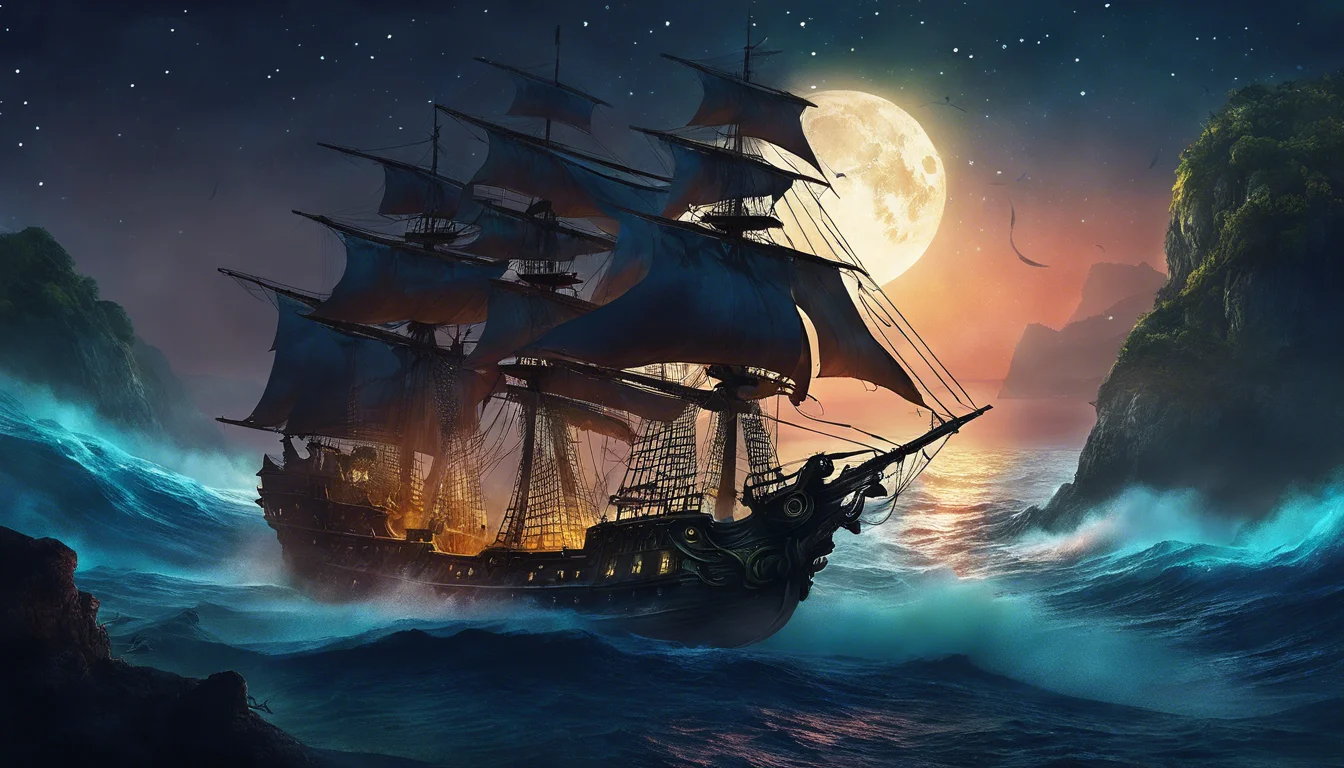 A majestic sailing ship with billowing sails navigates tumultuous waves beneath a glowing full moon, surrounded by dark cliffs and a starry sky.