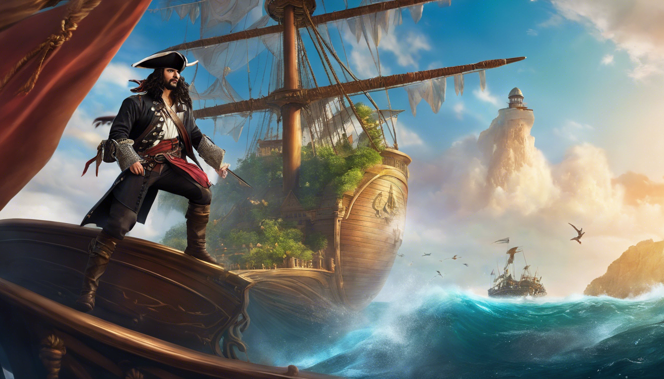 A pirate standing confidently on the bow of a ship, with a vibrant ocean backdrop and a distant shore featuring a lighthouse.