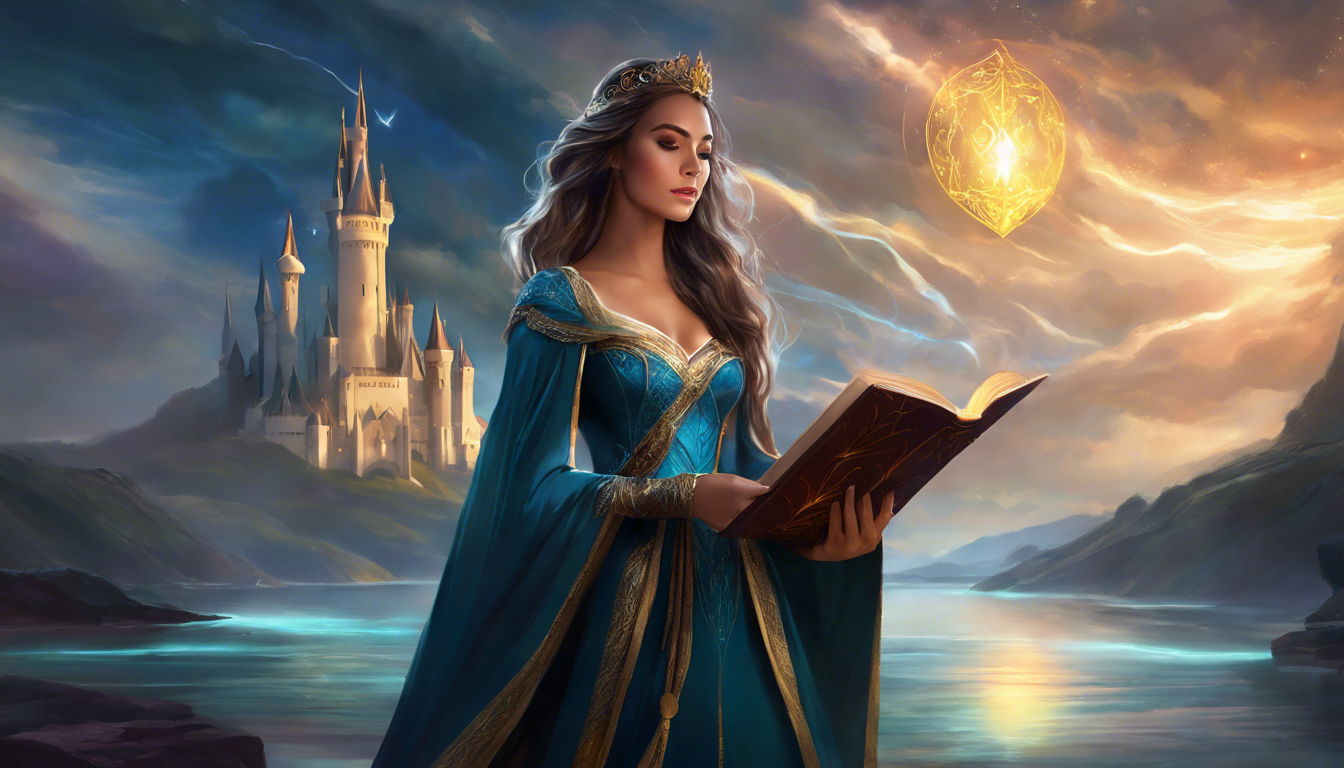 A regal woman in a blue gown holds an ancient book by a tranquil lake, with a majestic castle and a glowing orb in the background, under a mystical sky.