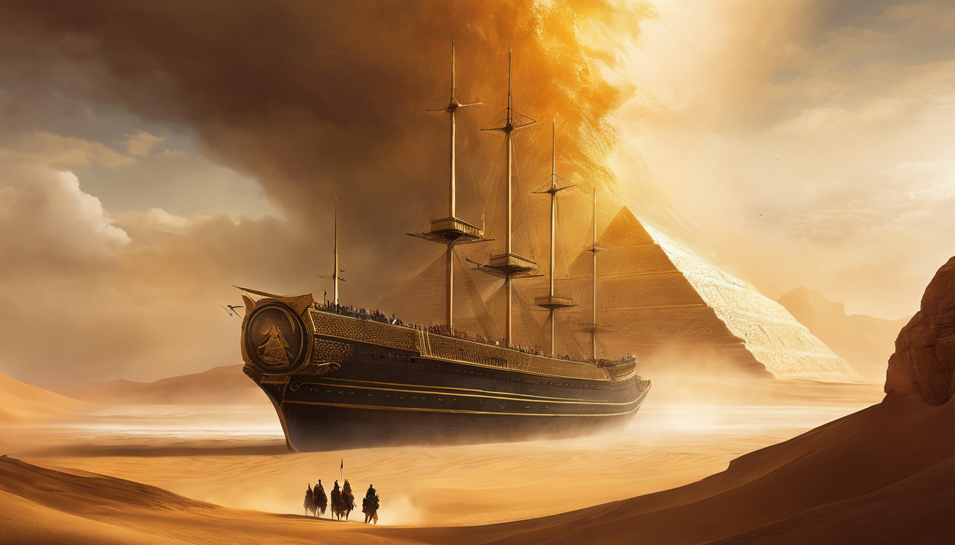 Alt tag: "A grand, ornate ship with sails stands on a sandy desert landscape near a pyramid, surrounded by swirling dust clouds and a dramatic sky."