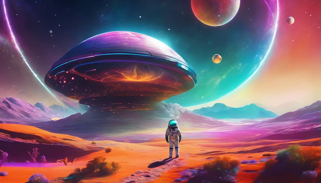 An astronaut stands in a vibrant, otherworldly landscape with a large, futuristic spaceship and colorful planets in the sky.