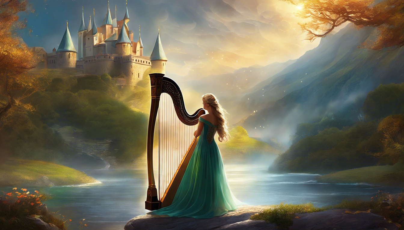 A serene scene of a woman in a flowing green dress playing a harp by a shimmering river, with a majestic castle and mountains in the background under a colorful sky.