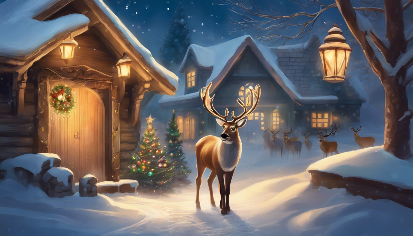 A cozy winter scene featuring a reindeer in the snow, with a festive cabin, decorated Christmas tree, and glowing lanterns in a serene, snowy landscape.