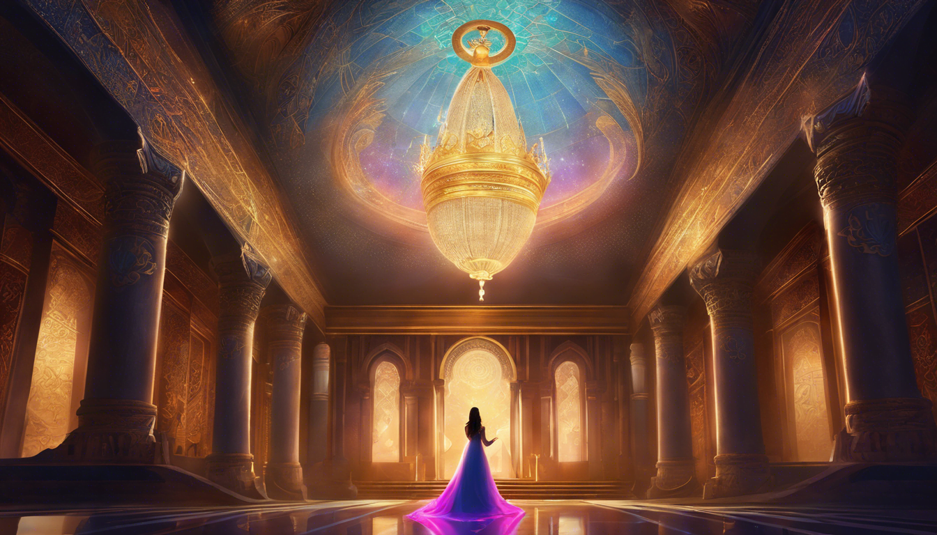 A silhouette of a figure in a flowing gown stands in a grand, illuminated hall with ornate columns and a large chandelier, bathed in ethereal colors.