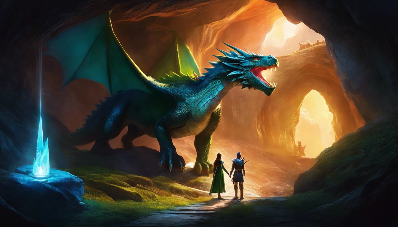 A majestic green dragon roars in a mystical cave, as a cloaked figure and companion stand in awe before it, illuminated by a glowing crystal.