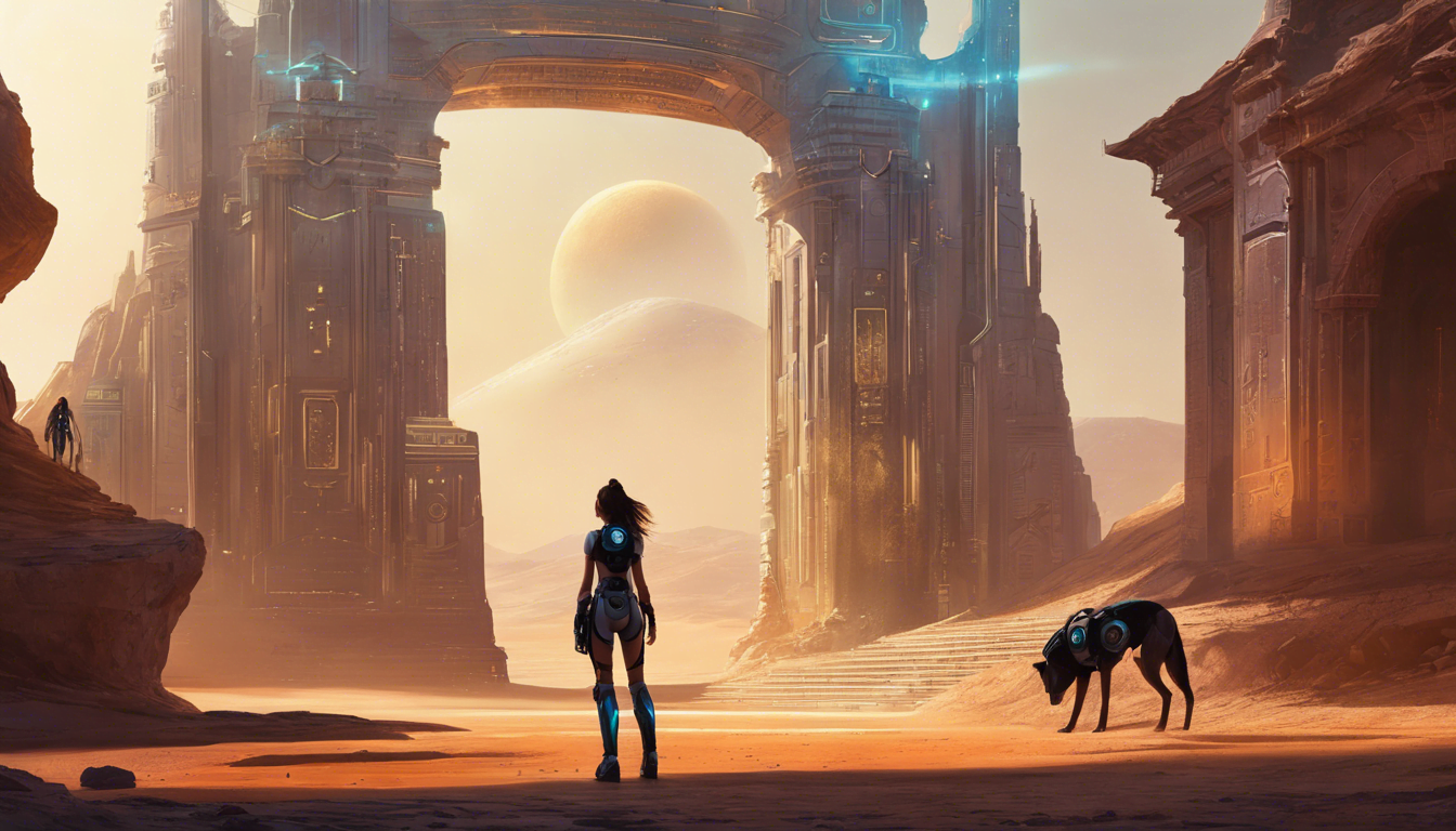 A futuristic landscape featuring a figure and a dog standing before a large, ancient archway against a backdrop of distant planets and a desert setting.