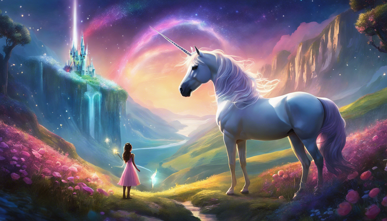 A magical scene featuring a majestic unicorn beside a girl in a pink dress, set against a vibrant landscape with a sparkling castle and a rainbow in the sky.