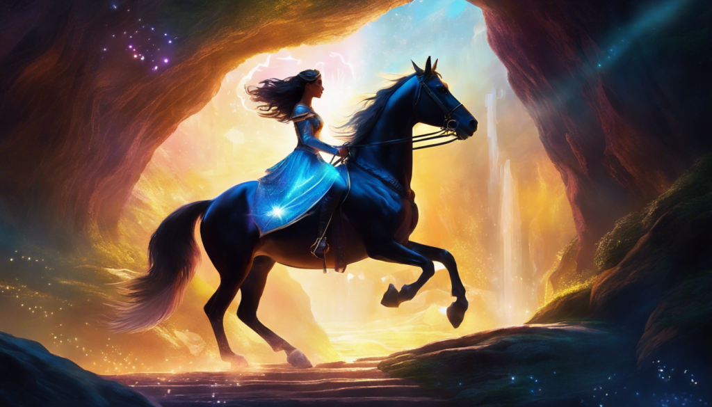 A silhouette of a woman in a flowing blue dress riding a black horse through a vibrant, glowing cave.