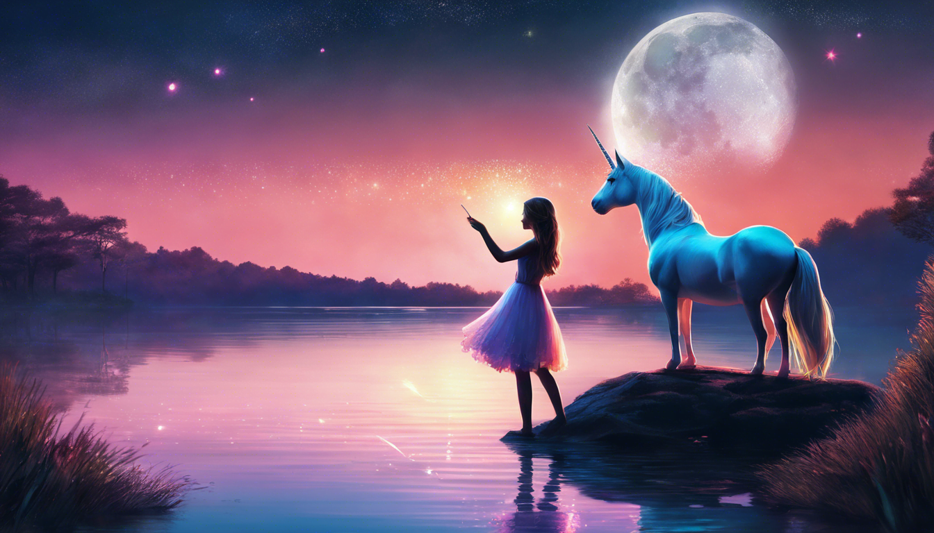 Girl in a white dress stands by a serene lake, reaching out to a glowing unicorn under a luminous moon and colorful starry sky.