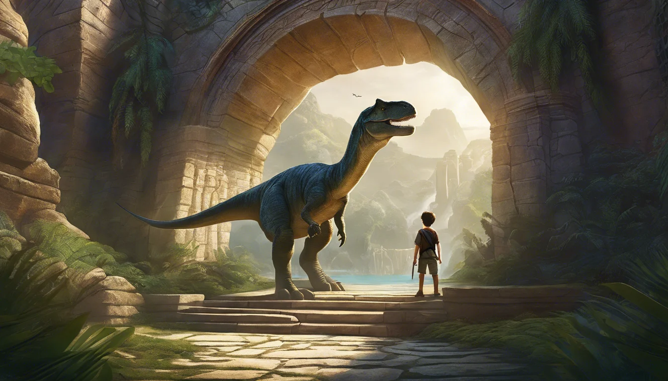 A young boy stands in awe before a towering dinosaur under a stone archway, surrounded by lush greenery and sunlight streaming through the opening.