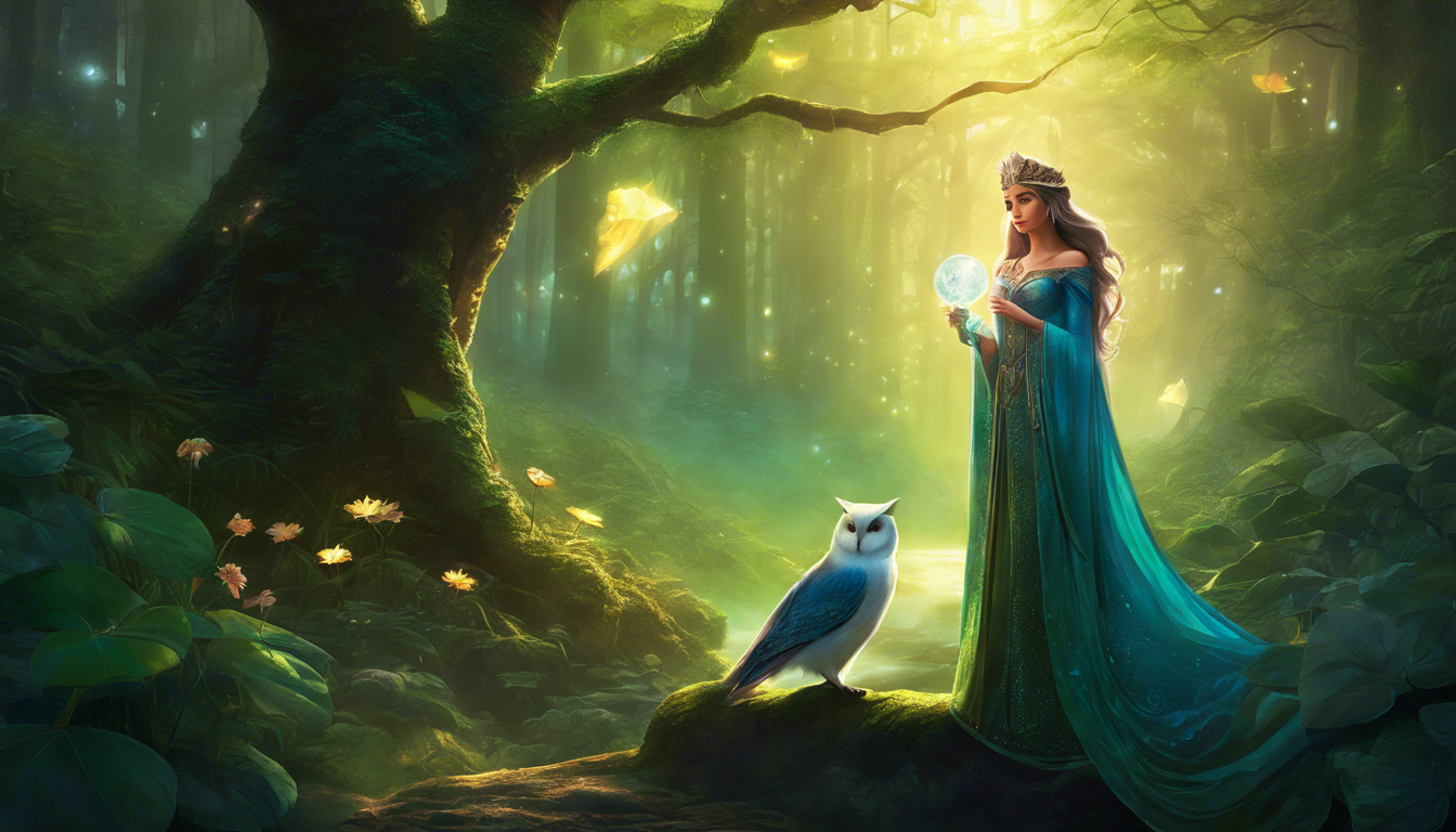 A mystical woman in a flowing teal gown holds a glowing orb, standing beside an owl in a serene, enchanted forest filled with soft, emerald light.