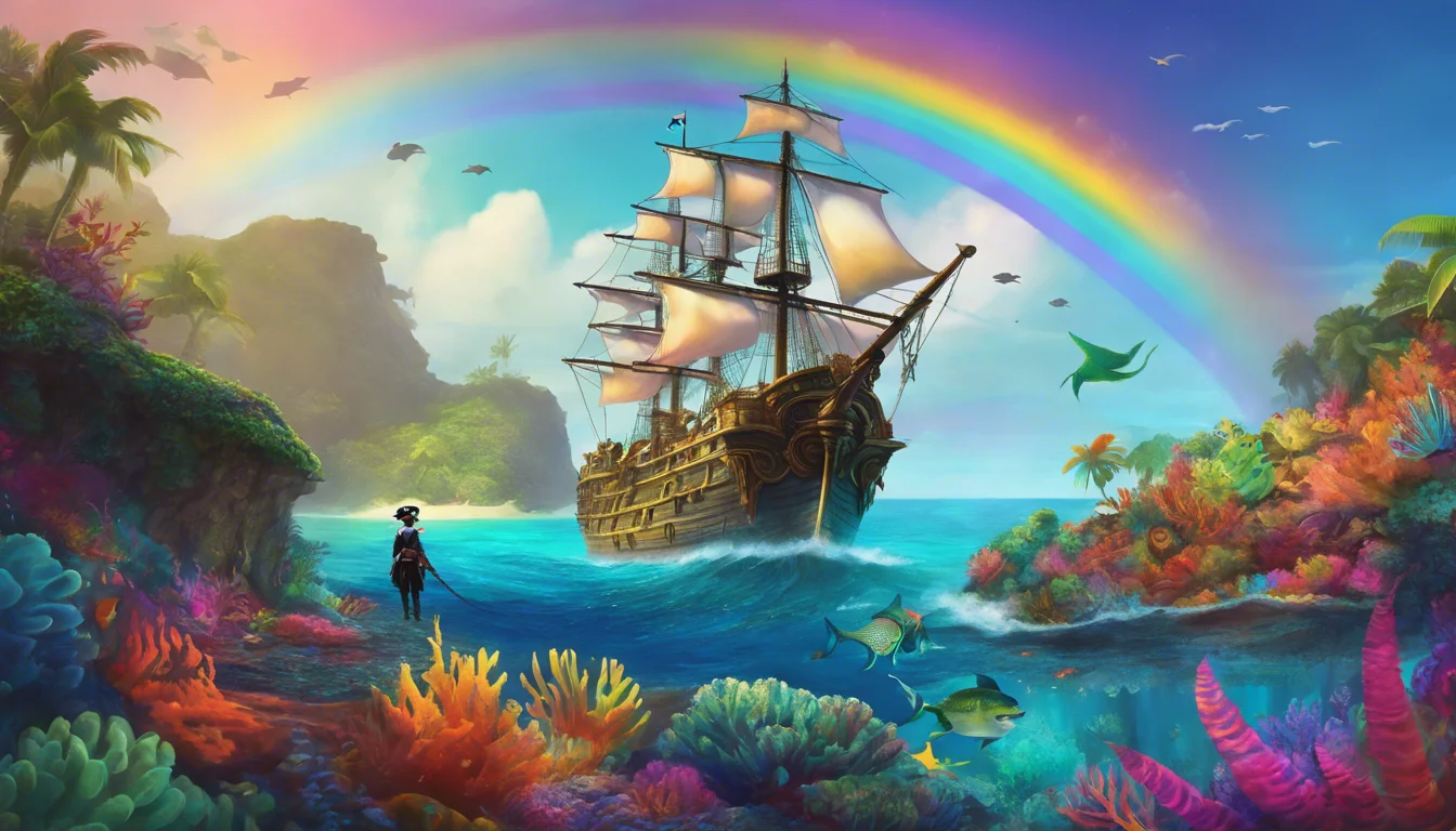 A vivid scene featuring a tall ship sailing through crystal-clear waters, surrounded by colorful coral reefs and tropical vegetation, with a vibrant rainbow arching across a bright blue sky.