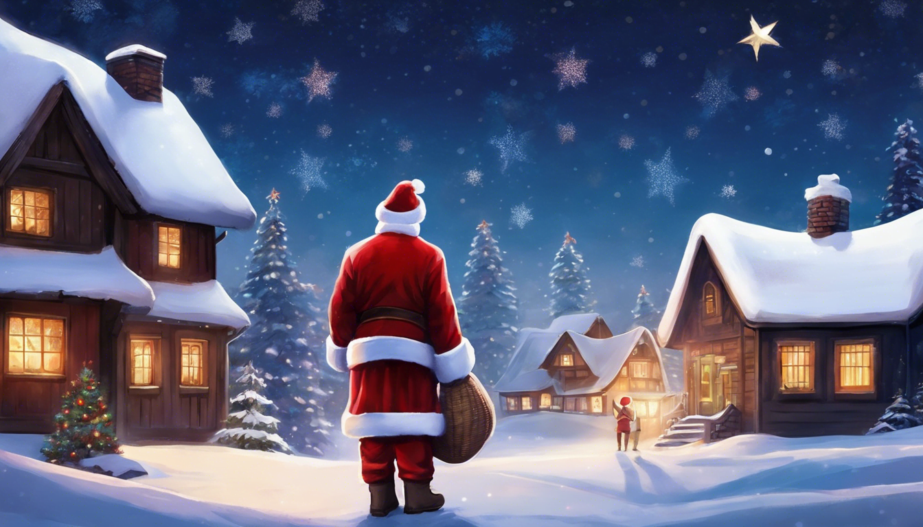 A snowy village scene at night, featuring Santa Claus in a red suit looking at cozy, warmly lit homes under a starry sky.