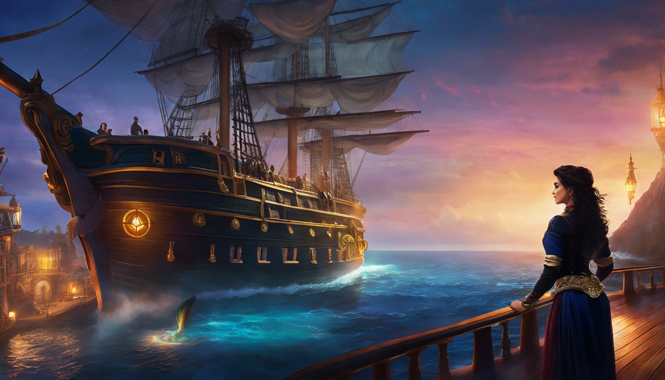 A woman in a blue dress gazes at a majestic ship with sails, illuminated by a vibrant sunset over the ocean.