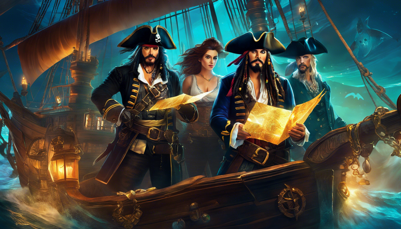 Three pirates and a woman stand on a ship, holding a treasure map, surrounded by a mystical ocean backdrop.