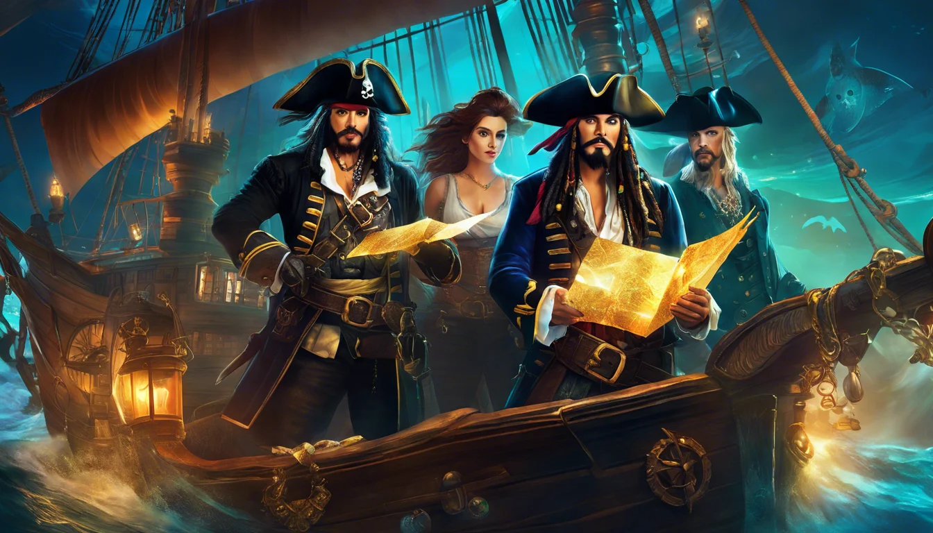 Three pirates and a woman stand on a ship, holding a treasure map, surrounded by a mystical ocean backdrop.