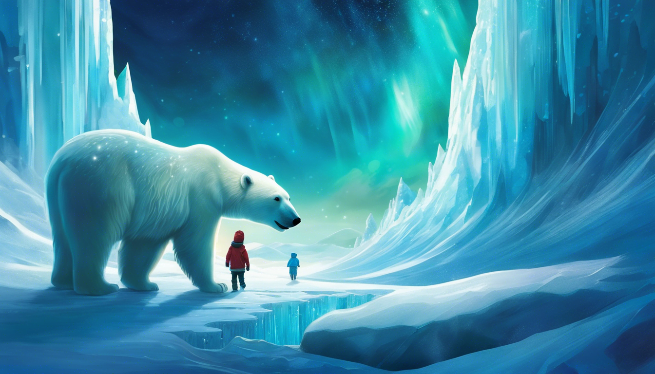 A polar bear stands near two figures in winter clothing, surrounded by icy formations under a vibrant aurora borealis sky.