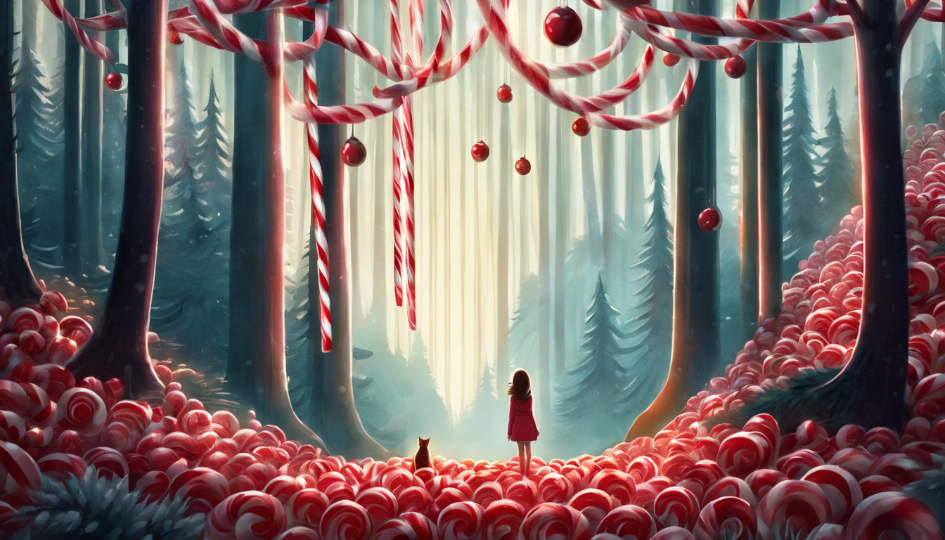 A girl in a red dress stands in a whimsical forest filled with oversized candy canes and red spheres, surrounded by a sea of red lollipops.