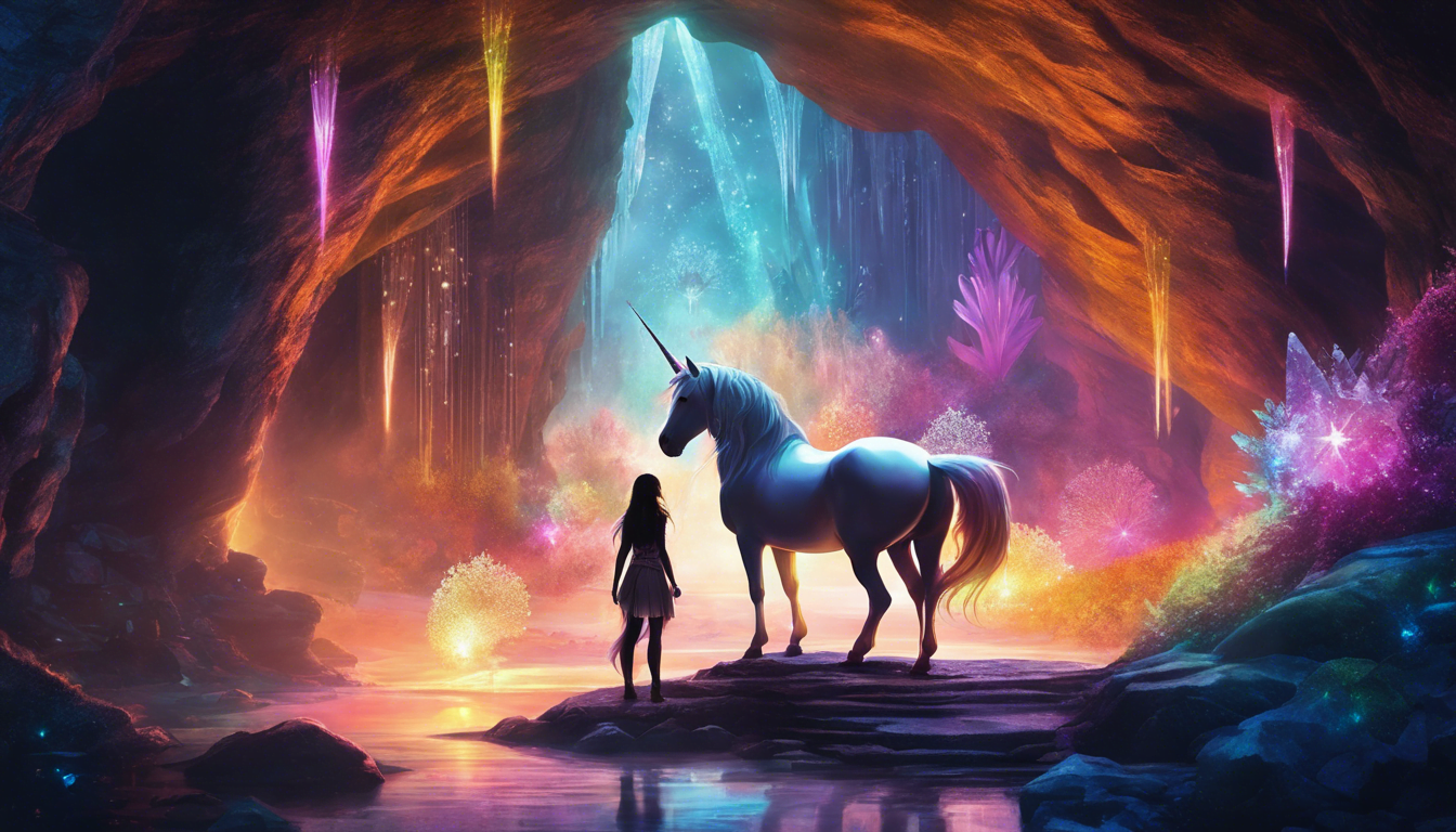 A magical cave illuminated by colorful crystals, featuring a majestic unicorn and a young girl standing by a shimmering pool of water.