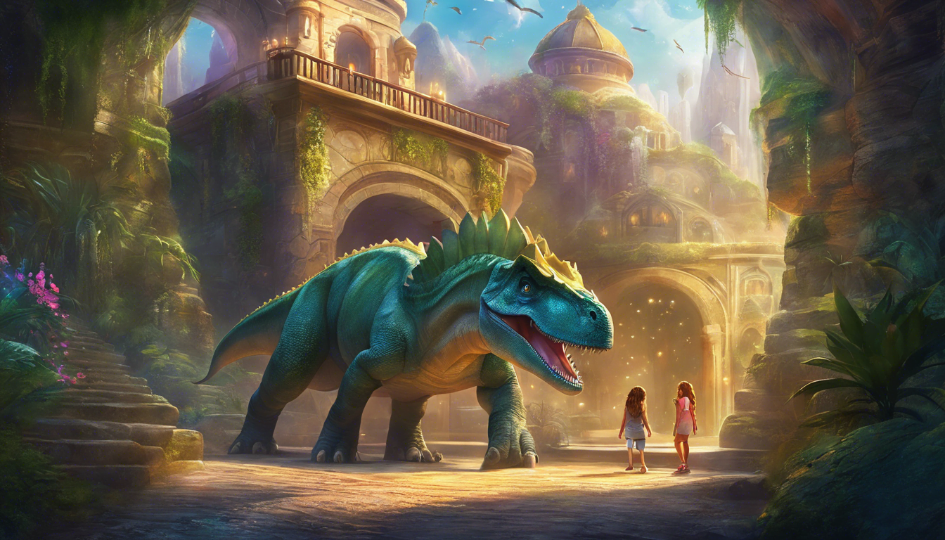 A colorful fantasy scene depicting two girls standing in an ancient, lush environment with a large, friendly dinosaur.