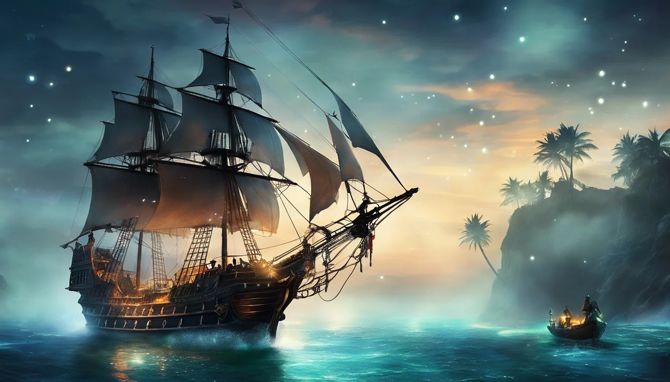 A majestic sailing ship illuminated by moonlight, navigating calm waters near a tropical shoreline with palm trees, set against a starry sky.