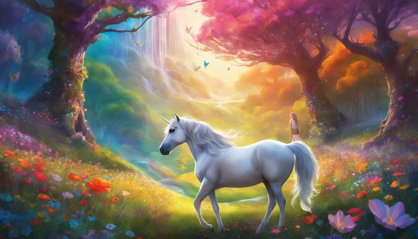 A serene fantasy landscape featuring a white unicorn in a vibrant, colorful forest with blooming flowers, soft lighting, and a mystical waterfall in the background.