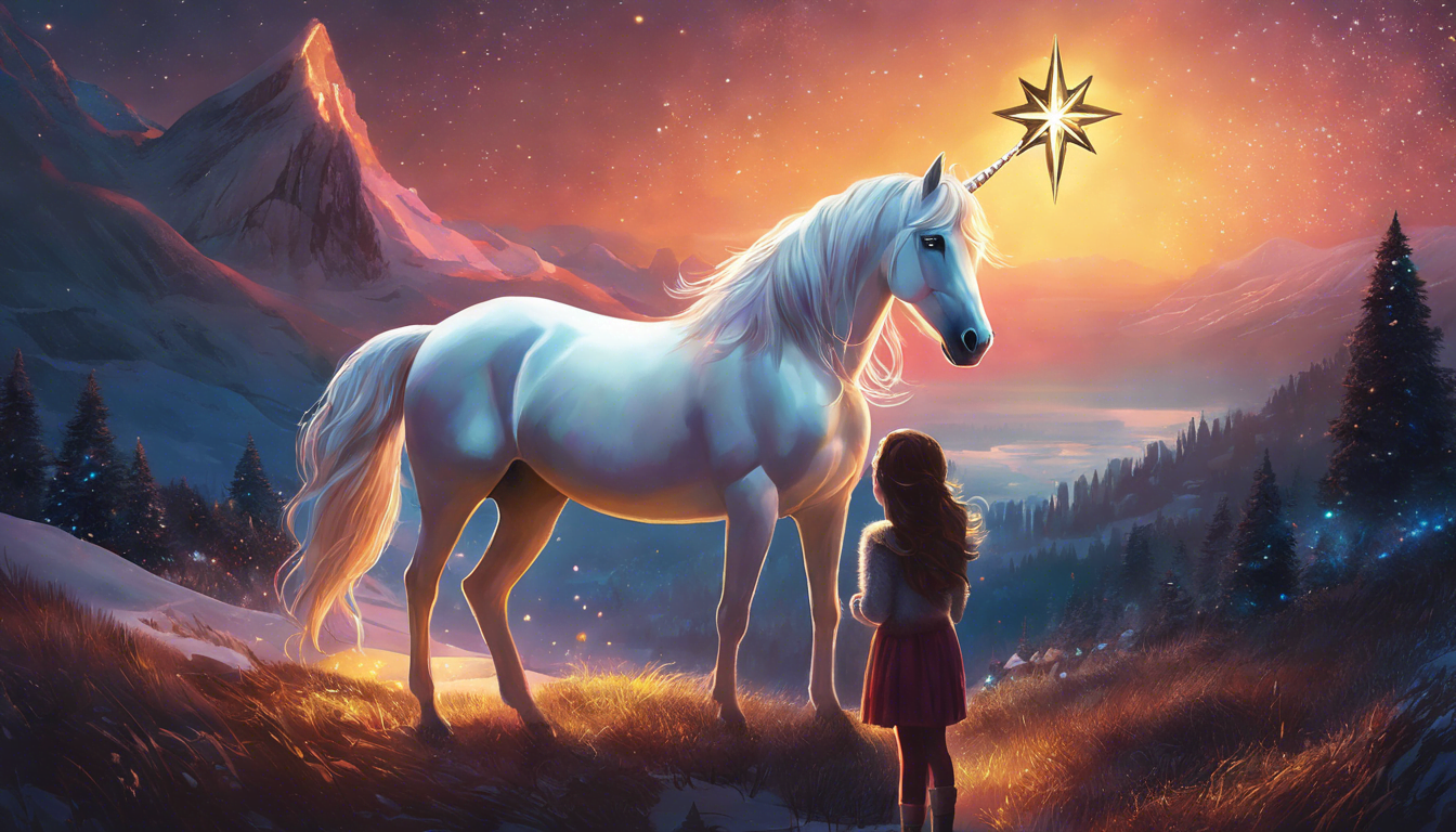 A young girl stands beside a majestic white unicorn with a glowing star above its head, set against a vibrant sunset in a mountainous landscape.