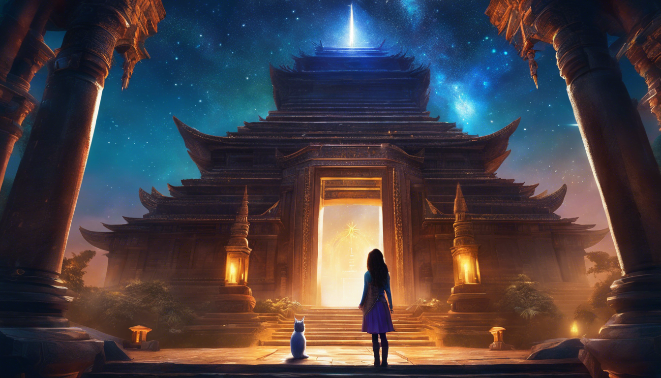 A silhouetted girl and a cat stand before a majestic, illuminated temple under a starry sky.