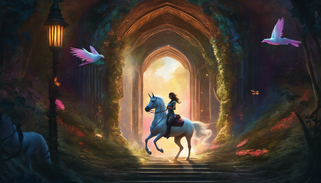 A girl riding a white unicorn through a mystical forest, illuminated by golden light and surrounded by colorful birds and vibrant flowers.