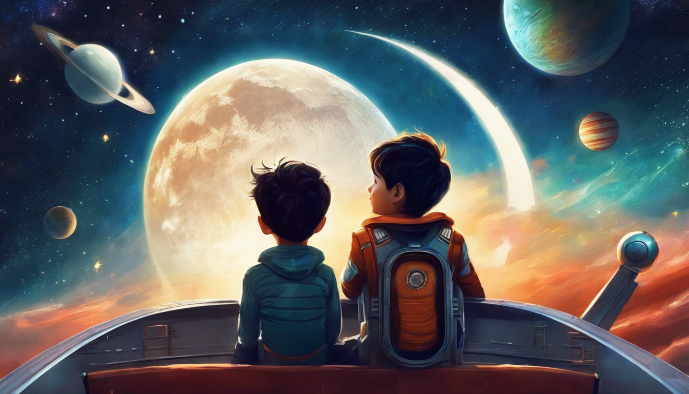 Two children sit together in a spaceship, gazing at a vibrant outer space scene filled with planets, moons, and colorful cosmic clouds.