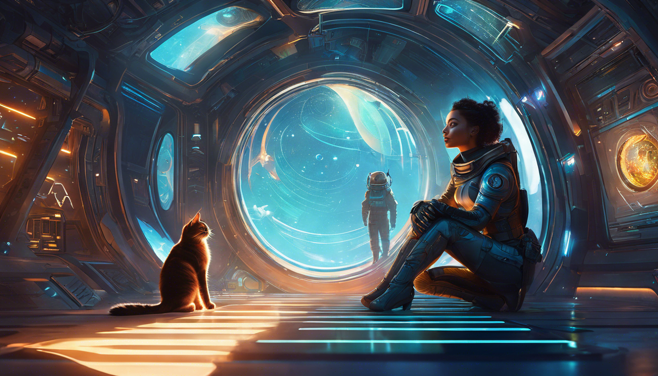 A futuristic scene inside a spaceship, featuring a woman in a space suit sitting next to a cat, gazing through a large circular window at a vibrant cosmic landscape. Another astronaut stands in the background.